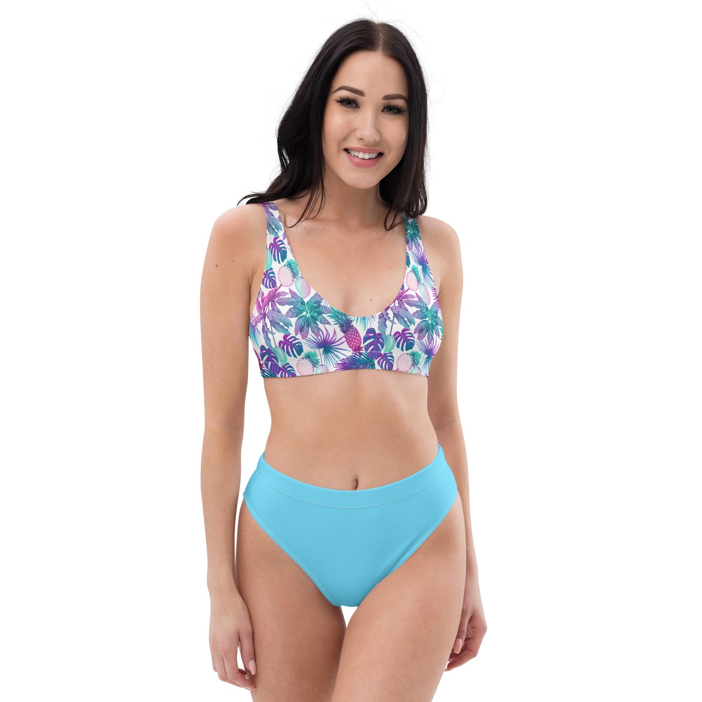 Neon Flower and Caribbean Blue high-waisted bikini